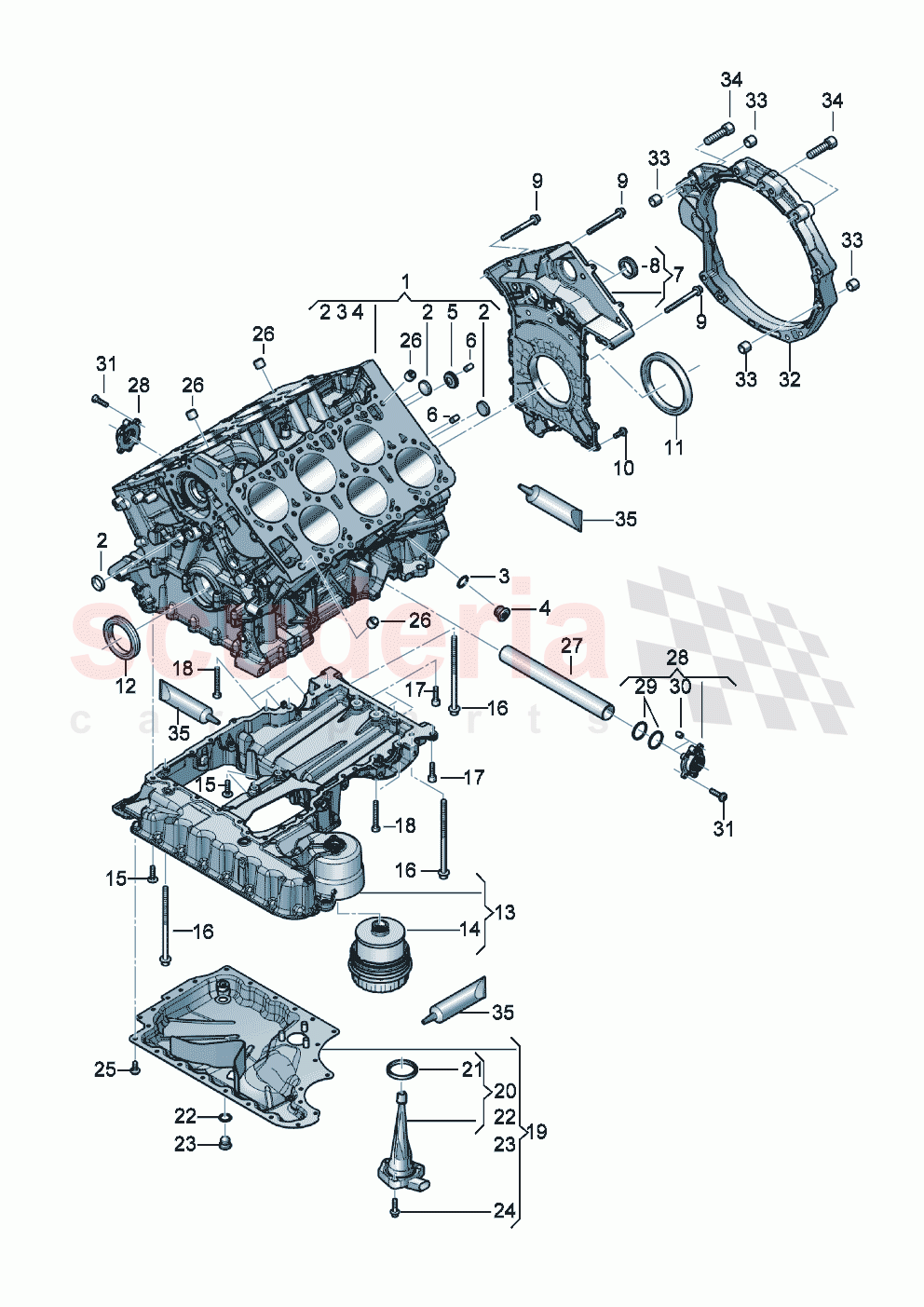 Crankcase housing Sealing flange Engine oil sump upper part Engine oil sump lower part with oil level sensor of Bentley Bentley New Continental GT (2019-2024)
