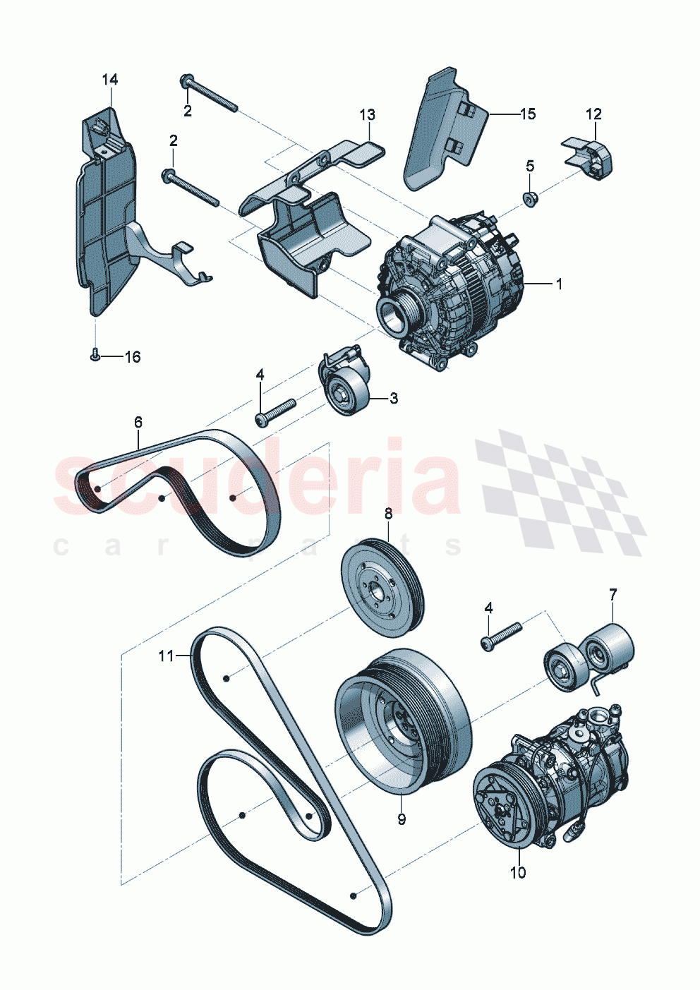Alternator connecting and mounting parts for alternator Poly-V-belt tensioning lever with idler pulley of Bentley Bentley New Continental GT (2019-2024)