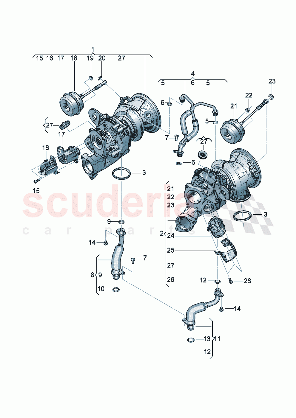 Exhaust gas turbocharger (water-cooled) Oil pressure line Oil return line D - MJ 2023>> - MJ 2023 of Bentley Bentley New Flying Spur (2020-2024)
