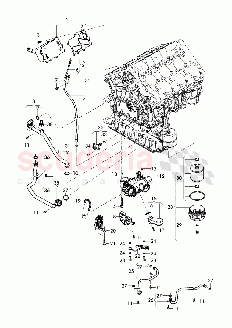 oil pump, oil strainer, control flap, oil cooler, oil filter, guide tube of Bentley Bentley Bentayga (2015-2020)