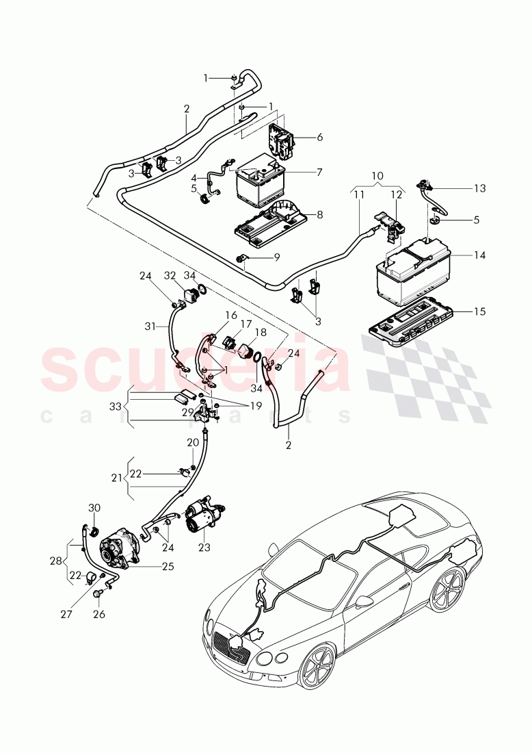 harness for battery +/-, Wire harness for starter and alternator with ground, wire, F >> 3W-F-041 767, F >> ZA-F-041 767 of Bentley Bentley Continental GT (2011-2018)