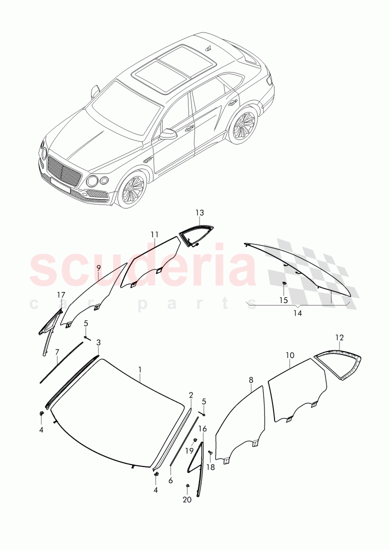 windshield glass, rear and side window, D - MJ 2018>> of Bentley Bentley Bentayga (2015-2020)