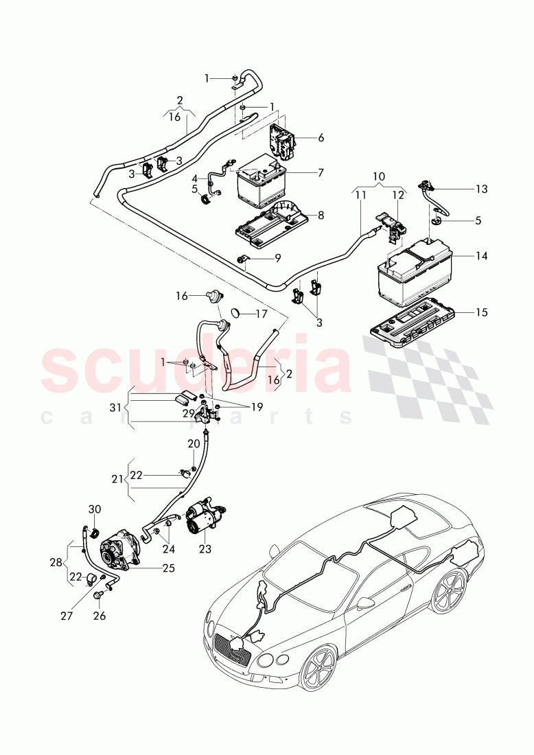 harness for battery +/-, Wire harness for starter and alternator with ground, wire, F 3W-F-041 768>>, F ZA-F-041 768>> of Bentley Bentley Continental GT (2011-2018)