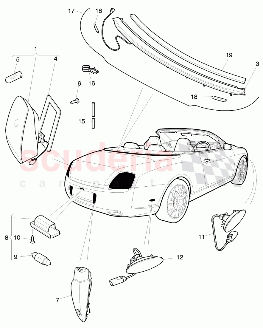 taillight, High-mounted brake light, back-up light, license plate light, side marker light, F 3W-7-050 887>>, F ZA-A-062 022>> of Bentley Bentley Continental GTC (2006-2010)