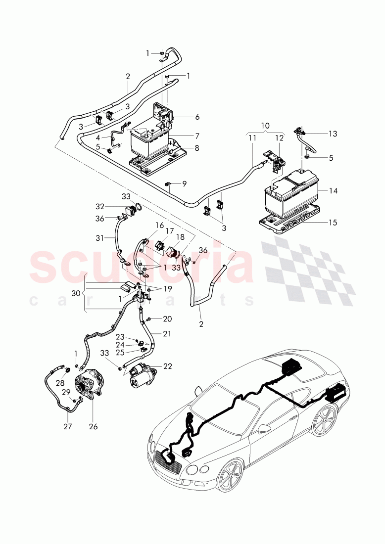 harness for battery +/-, Wire harness for starter and alternator with ground, wire, F >> 3W-E-099 999, F >> ZA-E-099 999, F >> 3W-F-041 767, F >> ZA-F-041 767 of Bentley Bentley Continental GT (2011-2018)
