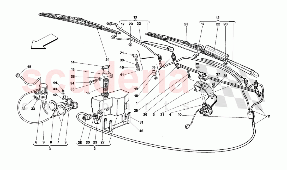 Windshield wiper, washer and horns of Ferrari Ferrari 512 TR