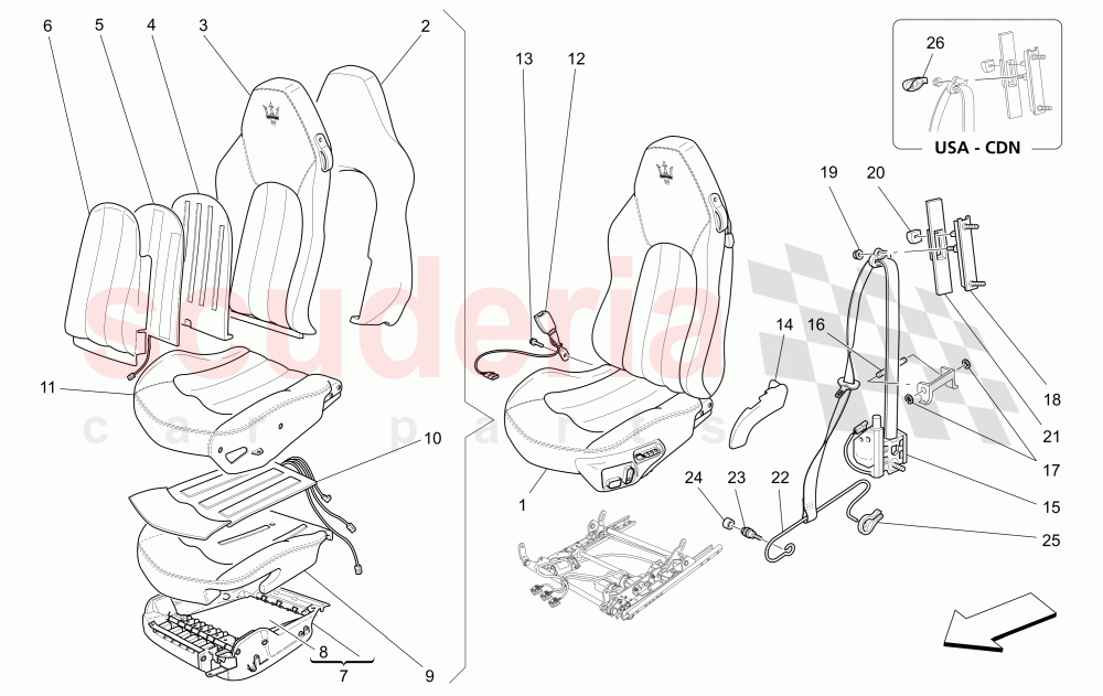 FRONT SEATS: TRIM PANELS (Includes seat belts) of Maserati Maserati GranSport Coupe (2005-2007)