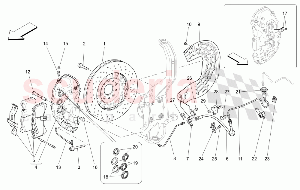 BRAKING DEVICES ON FRONT WHEELS (Available with: DUAL CAST BRAKING SYSTEM (FRONT - 360 MM) CAST-IRON (REAR - 345 MM) Not available with: Dual Cast Braking System (Front - 345 mm) ; (Rear - 330 mm) - Coloured brake calipers, Dual Cast Braking System (Front - 345 mm) ; (Rear - 330 mm)) of Maserati Maserati Ghibli (2014-2016) S