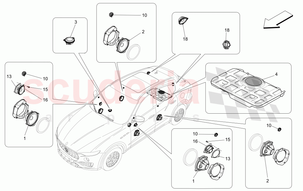 SOUND DIFFUSION SYSTEM (Available with: PREMIUM SOUND SYSTEMNot available with: BASIC SOUND SYSTEM (8 SPEAKERS), HIGH PREMIUM SOUND SYSTEM) of Maserati Maserati Levante (2017+) Diesel