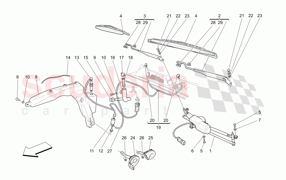 WINDSCREEN WIPER, WINDSCREEN WASHER AND HORNS (Available with: "GranSport MC Victory" Version) of Maserati Maserati GranSport Coupe (2005-2007)